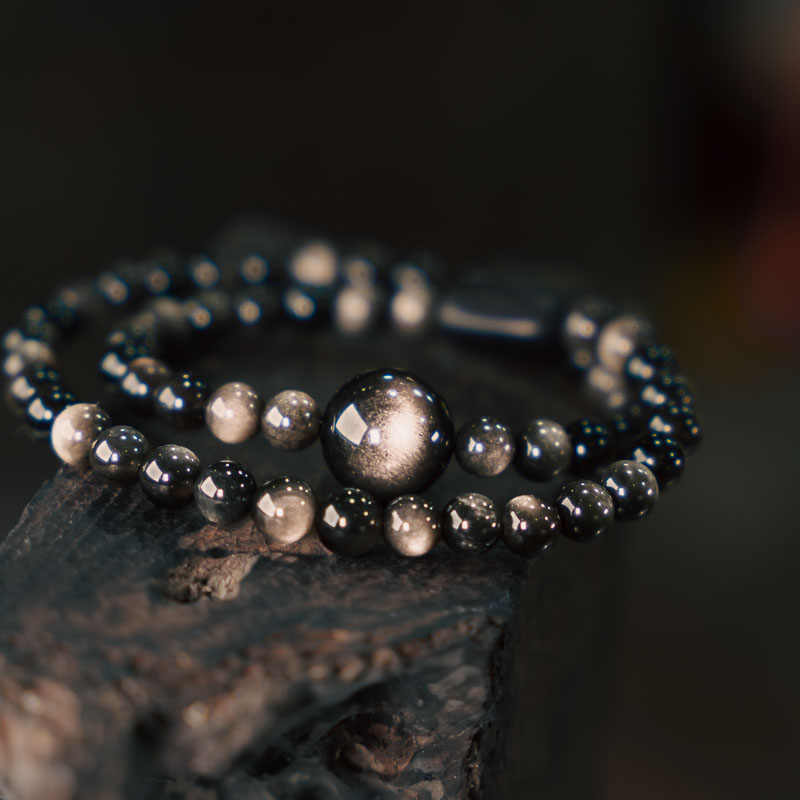 Silver Sheen Obsidian & Ebony Double Wrap Bracelet | Intuition & Inner Sight - Buddha Bodhis Natural silver sheen obsidian beads with cat eye effect