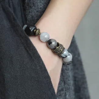 Black Rutilated Quartz & Chiseled Ebony Bracelet