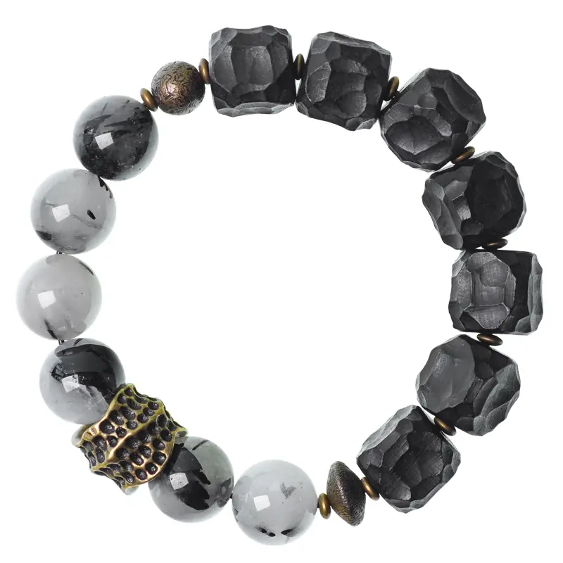 Black Rutilated Quartz & Chiseled Ebony Bracelet (5) Black Rutilated Quartz & Chiseled Ebony Bracelet