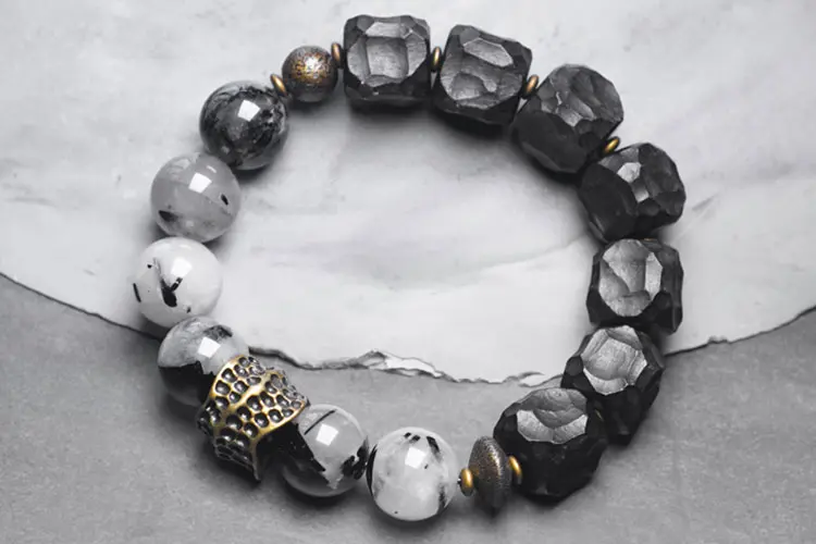 Black Rutilated Quartz & Chiseled Ebony Bracelet | Zen Grounding 5 - Buddha Bodhis Black Rutilated Quartz & Chiseled Ebony Bracelet
