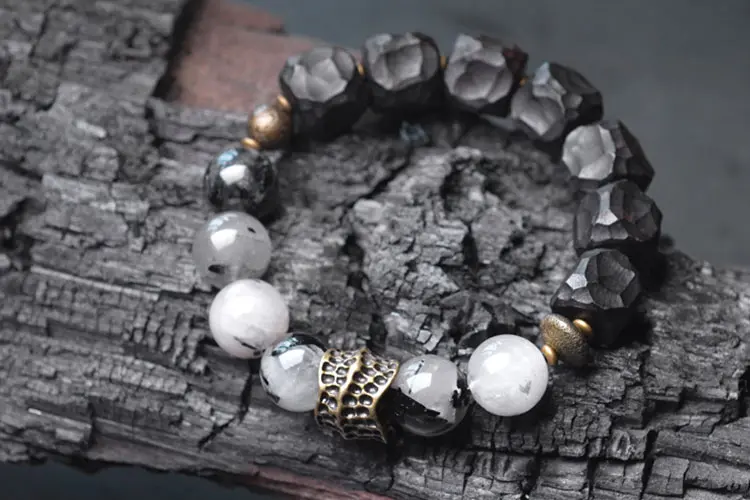 Black Rutilated Quartz & Chiseled Ebony Bracelet | Zen Grounding 6 - Buddha Bodhis Black Rutilated Quartz & Chiseled Ebony Bracelet