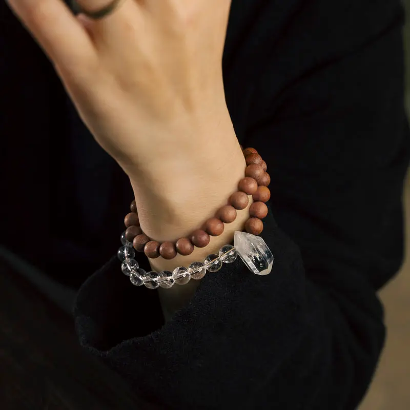 Natural Sandalwood Bead Bracelet | Zen Inspired Meditation Jewelry 1 - Buddha Bodhis Wearing Sandalwood Bracelet on Left Hand