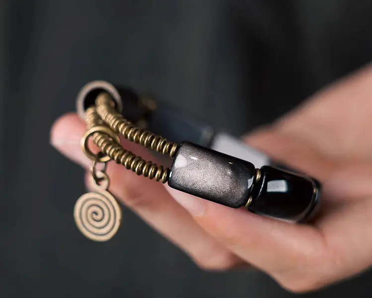 Double-Layer Black Obsidian Bracelet | Vintage Brass Spiritual Jewelry 6 - Buddha Bodhis Double-Layer Black Obsidian Bracelet