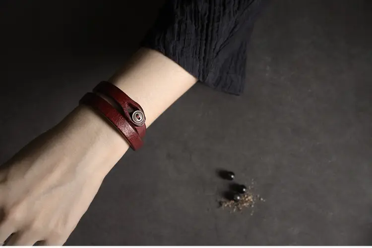 Double Wrap Leather Bracelet | Vintage Brass Snap | Unisex Authentic Style 8 - Buddha Bodhis Double Wrap Leather Bracelet