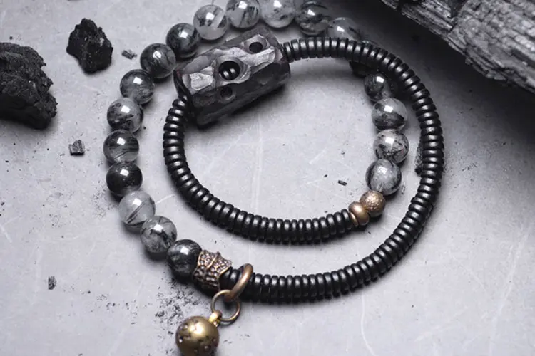 Dual-Strand Black Rutilated Quartz Bracelet | Zen Protection 7 - Buddha Bodhis Dual-Strand Black Rutilated Quartz Bracelet