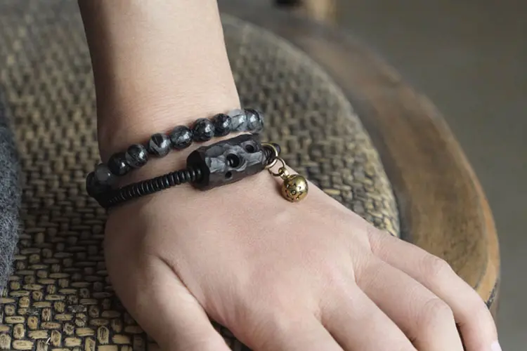 Dual-Strand Black Rutilated Quartz Bracelet | Zen Protection 9 - Buddha Bodhis Dual-Strand Black Rutilated Quartz Bracelet