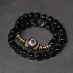 Dzi Bead Obsidian Brass Bracelet | Tibetan Spiritual Charm - Buddha Bodhis Dzi Bead Obsidian Brass Bracelet