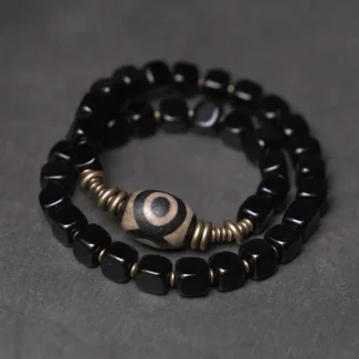 Dzi Bead Obsidian Brass Bracelet