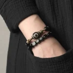 Dzi Bead Obsidian Brass Bracelet | Tibetan Spiritual Charm 1 - Buddha Bodhis Dzi Bead Obsidian Brass Bracelet
