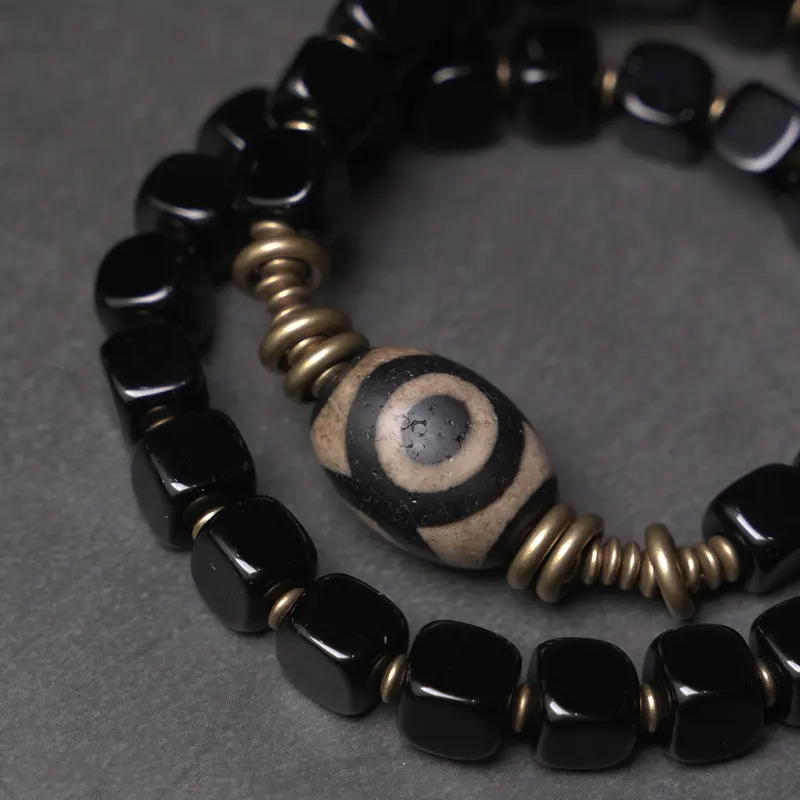 Dzi Bead Obsidian Brass Bracelet (3) Dzi Bead Obsidian Brass Bracelet