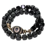 Dzi Bead Obsidian Brass Bracelet | Tibetan Spiritual Charm 3 - Buddha Bodhis Dzi Bead Obsidian Brass Bracelet