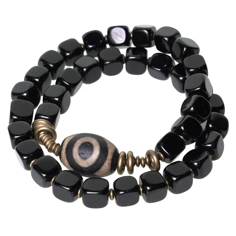 Dzi Bead Obsidian Brass Bracelet (4) Dzi Bead Obsidian Brass Bracelet