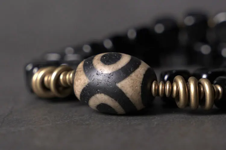 Dzi Bead Obsidian Brass Bracelet | Tibetan Spiritual Charm 5 - Buddha Bodhis Dzi Bead Obsidian Brass Bracelet
