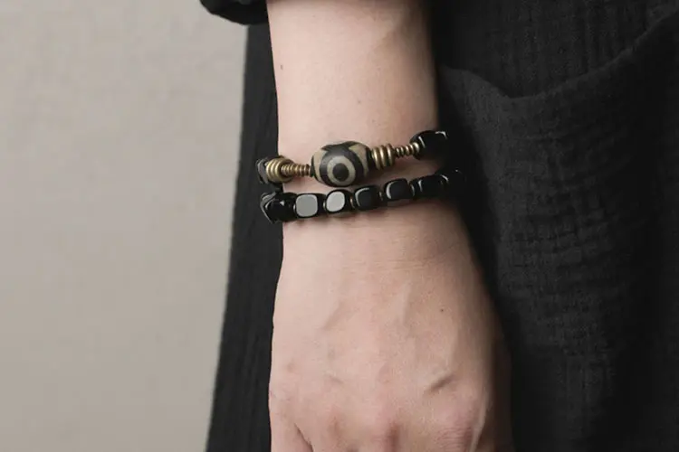 Dzi Bead Obsidian Brass Bracelet | Tibetan Spiritual Charm 7 - Buddha Bodhis Dzi Bead Obsidian Brass Bracelet