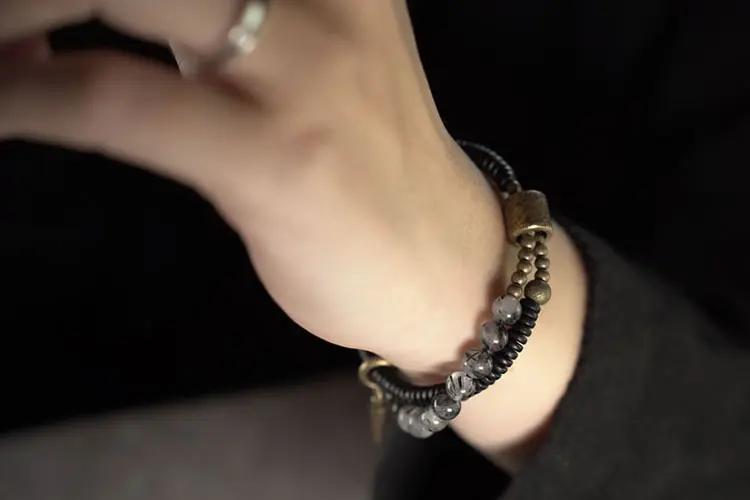 Ebony & Black Rutilated Quartz Bracelet | Retro Spiral Protection 7 - Buddha Bodhis Ebony & Black Rutilated Quartz Bracelet