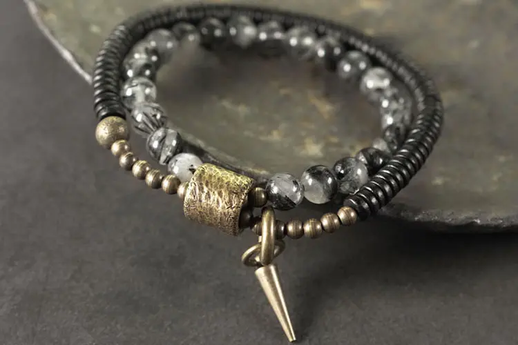Ebony & Black Rutilated Quartz Bracelet | Retro Spiral Protection 5 - Buddha Bodhis Ebony & Black Rutilated Quartz Bracelet