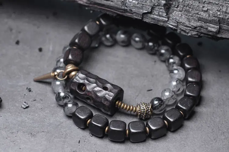 Ebony & Black Rutilated Quartz Double-Strand Bracelet | Grounding Power 5 - Buddha Bodhis Ebony & Black Rutilated Quartz Double-Strand Bracelet