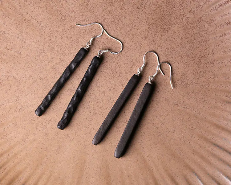 Ebony Wood Earrings | 925 Silver,Oriental Zen,Minimalist Vintage 7 - Buddha Bodhis Ebony Wood Earrings