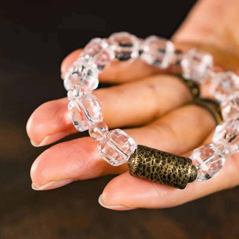 Faceted Clear Quartz Bracelet Hammered Brass Jewelry (1) Faceted Clear Quartz Bracelet Hammered Brass Jewelry