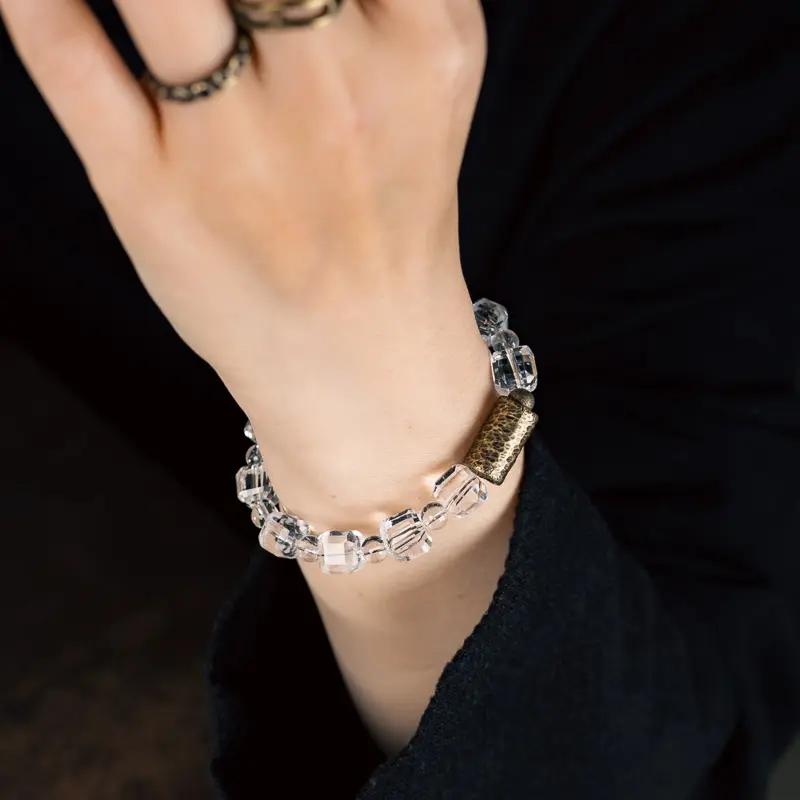 Faceted Clear Quartz Bracelet Hammered Brass Jewelry (2) Faceted Clear Quartz Bracelet Hammered Brass Jewelry