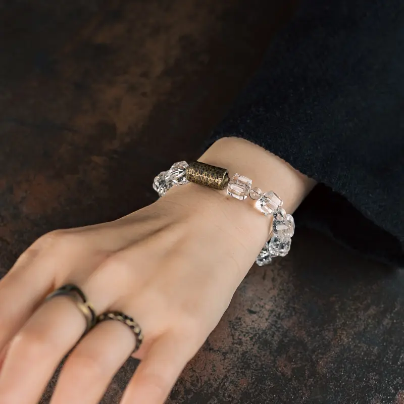 Faceted Clear Quartz Bracelet Hammered Brass Jewelry (4) Faceted Clear Quartz Bracelet Hammered Brass Jewelry