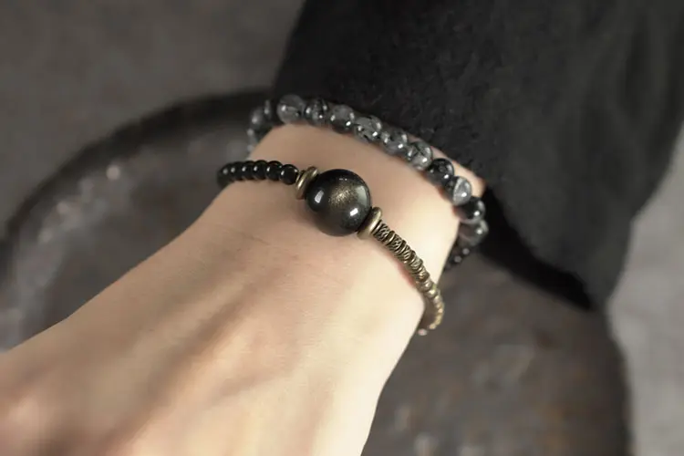 Golden Sheen Obsidian & Black Rutilated Quartz | Double-Wrap Protection 7 - Buddha Bodhis Golden Sheen Obsidian & Black Rutilated Quartz