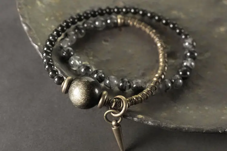 Golden Sheen Obsidian & Black Rutilated Quartz | Double-Wrap Protection 5 - Buddha Bodhis Golden Sheen Obsidian & Black Rutilated Quartz