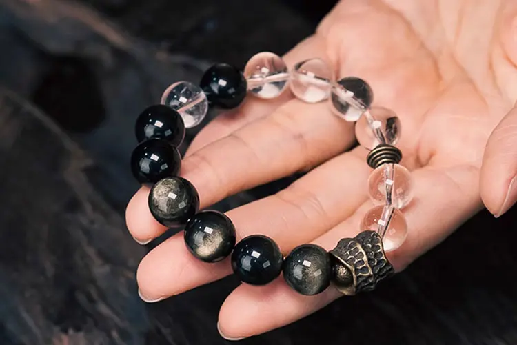 Golden Sheen Obsidian & Quartz Bracelet | Shield of Inner Light 7 - Buddha Bodhis Golden Sheen Obsidian & Quartz Bracelet Shield of Inner Light