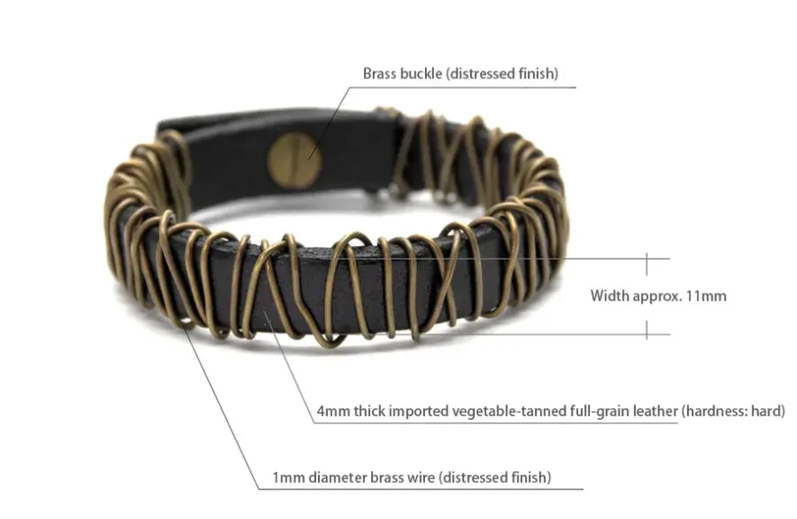 Handcrafted Leather Bracelet | Vintage Brass Cuff | Authentic Style 11 - Buddha Bodhis Men's Vintage Leather Bracelet with Brass Coiling