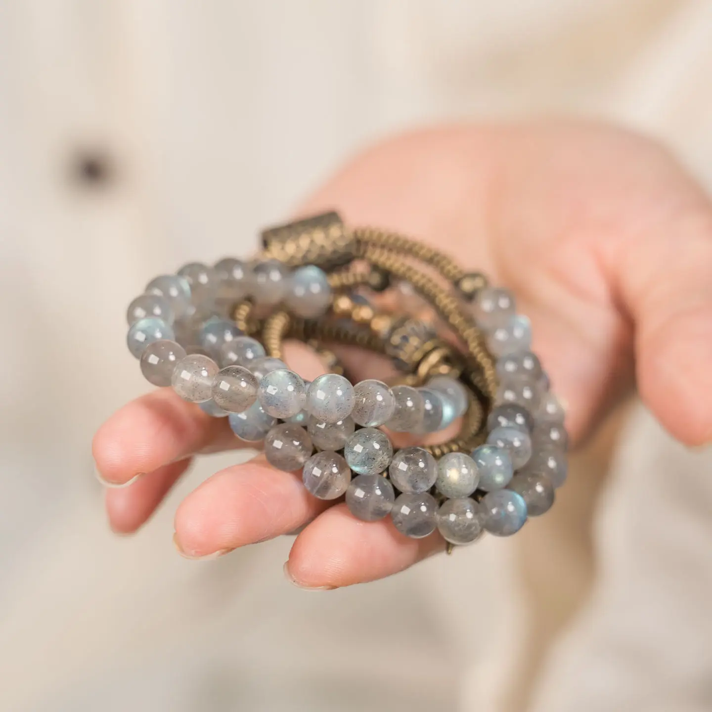 Mystic Labradorite & Vintage Brass Spiral Bracelet | Intuition & Protection 1 - Buddha Bodhis Wearing Labradorite Bracelet on Left Hand