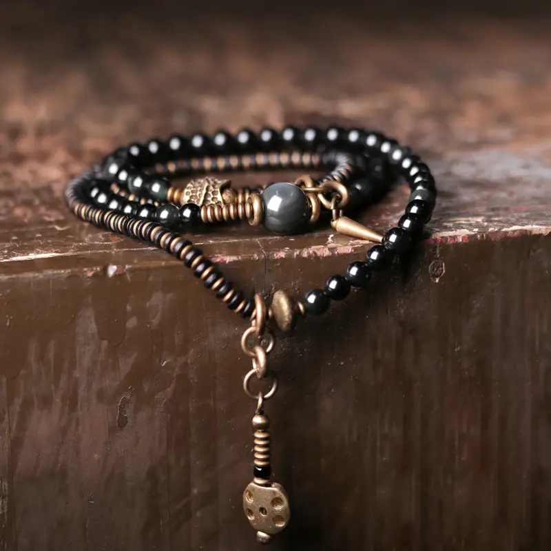 Obsidian Ebony Brass Mala Bracelet (2) Obsidian Ebony Brass Mala Bracelet