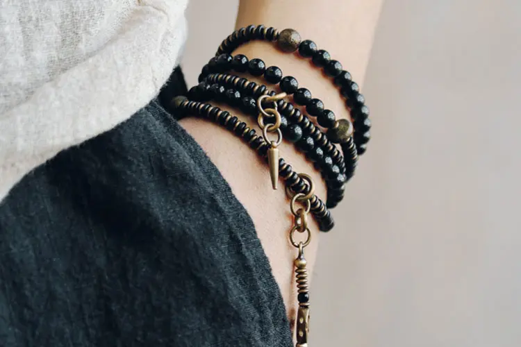 Real Black Obsidian & Ebony Wood Mala Bracelet | Root Chakra Protection 9 - Buddha Bodhis Man wearing Black Obsidian Root Chakra Bracelet on right hand