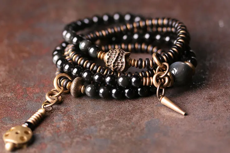Real Black Obsidian & Ebony Wood Mala Bracelet | Root Chakra Protection 7 - Buddha Bodhis Real Black Obsidian and Ebony Wood Mala Bracelet for Root Chakra Protection