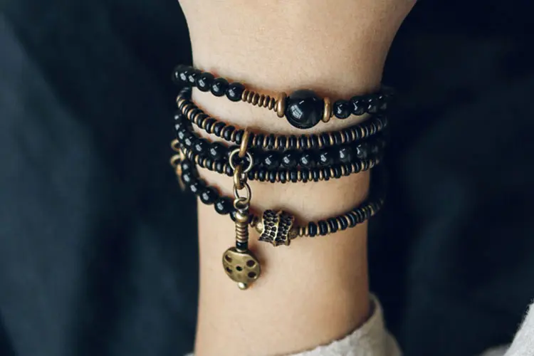 Real Black Obsidian & Ebony Wood Mala Bracelet | Root Chakra Protection 8 - Buddha Bodhis Tibetan Style Brass and Obsidian Beads Detail - Vintage Spiritual Jewelry