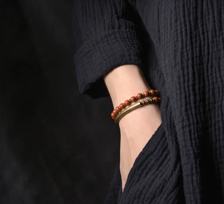 Double-Layer Red Jasper Bracelet | Brass Ethnic Couple Design 7 - Buddha Bodhis Red Jasper Bracelet