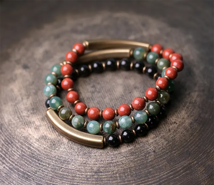Double-Layer Red Jasper Bracelet | Brass Ethnic Couple Design 6 - Buddha Bodhis Red Jasper Bracelet