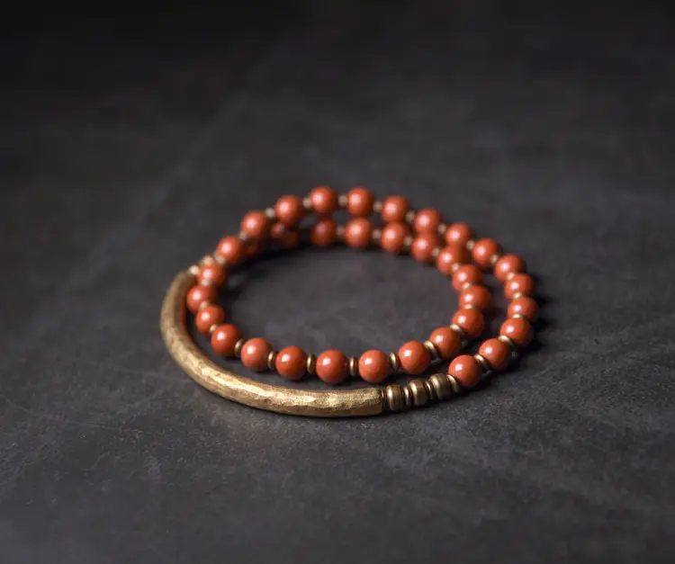Double-Layer Red Jasper Bracelet | Brass Ethnic Couple Design 5 - Buddha Bodhis Red Jasper Bracelet