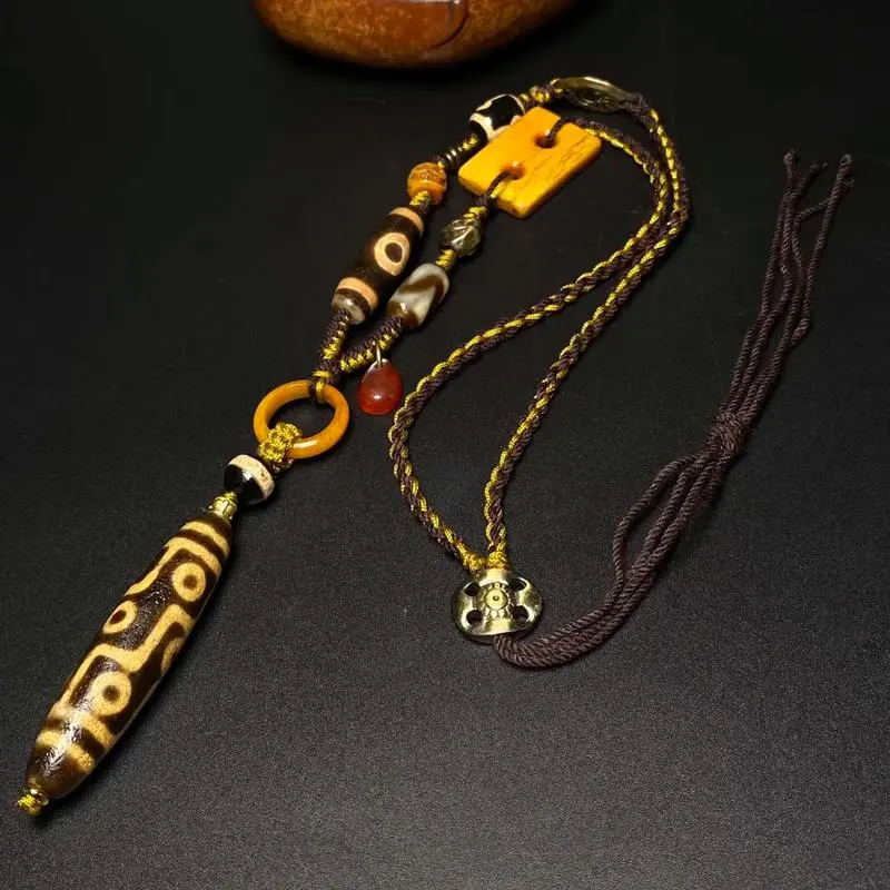 Tibetan Dzi Bead Mala | Ebony Wood Tassel Bracelet - Buddha Bodhis Authentic Tibetan 9 Eye Dzi Bead Agate Pendant