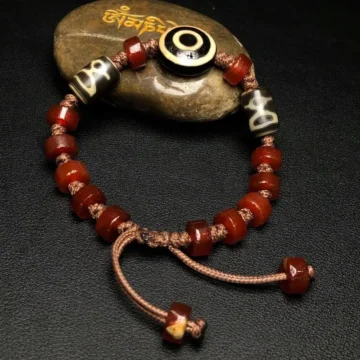 Tibetan Dzi Bead Mala | Ebony Wood Tassel Bracelet 3 - Buddha Bodhis Authentic Tibetan Dzi Bead Agate Pendant