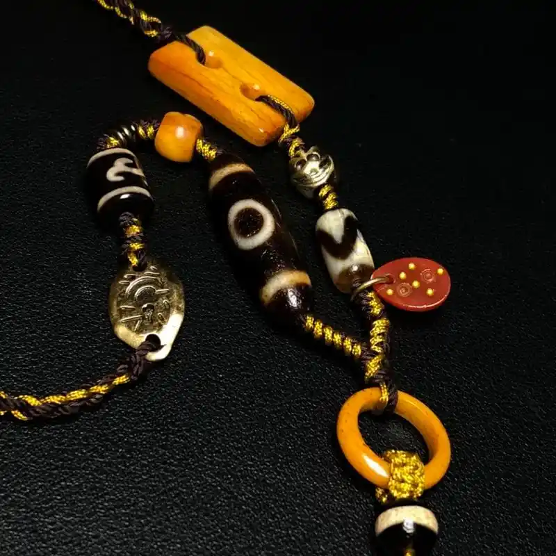 Tibetan Dzi Bead Mala | Ebony Wood Tassel Bracelet 2 - Buddha Bodhis Authentic Tibetan Dzi Bead Agate Pendant