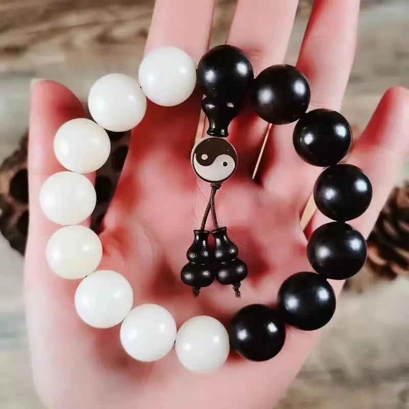 Zen Petrified Wood Bracelet: Brass Accents, Rustic & Individual - Buddha Bodhis Black and White Yin Yang Bracelet for Balance