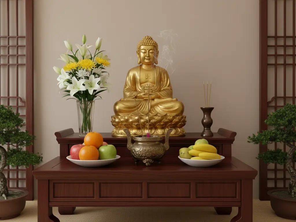 Natural Blue Aura Jadeite Thousand-Hand Kwan Yin & Dragon Pendant | Eternal Protection 1 - Buddha Bodhis Buddhist home altar with incense and flowers