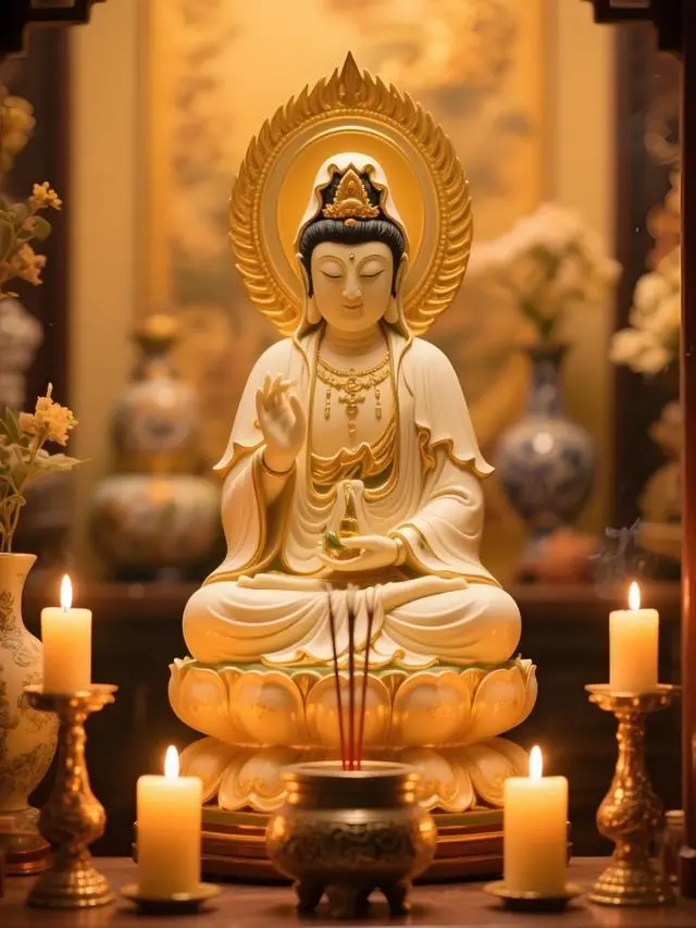 Natural Blue Aura Jadeite Thousand-Hand Kwan Yin & Dragon Pendant | Eternal Protection 2 - Buddha Bodhis Buddhist home altar with incense and flowers