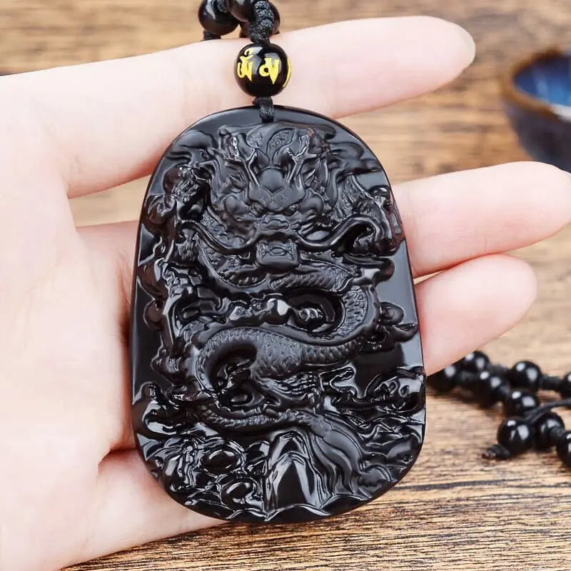 Natural Blue Aura Jadeite Thousand-Hand Kwan Yin & Dragon Pendant | Eternal Protection - Buddha Bodhis Carved Black Obsidian Dragon Pendant for Power