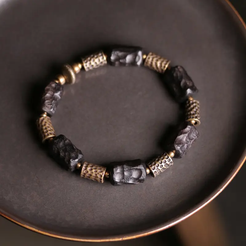 Carved Ebony Brass Bracelet Wabi Sabi Armor Jewelry (3) Carved Ebony Brass Bracelet Wabi Sabi Armor Jewelry