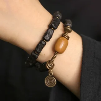 Carved Ebony Yellow Jade Bracelet Wabi Sabi Spiral