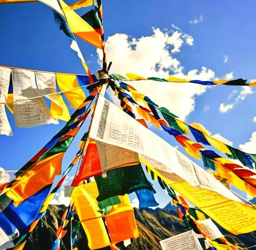 - Buddha Bodhis Colorful Tibetan Prayer Flags Flying in the Wind