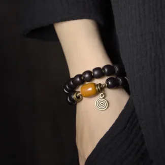 Dzi Bead Ebony Bracelet Yellow Jade Prosperity Amulet