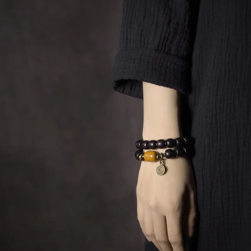 Dzi Bead Ebony Bracelet Yellow Jade Prosperity Amulet (3) Dzi Bead Ebony Bracelet Yellow Jade Prosperity Amulet