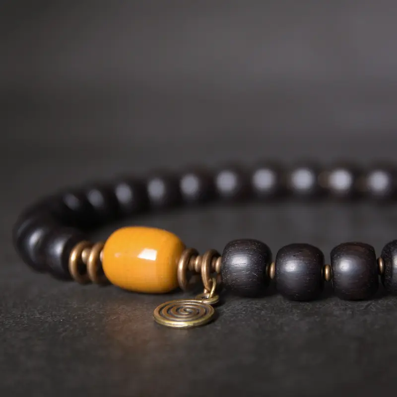 Dzi Bead Ebony Bracelet Yellow Jade Prosperity Amulet (4) Dzi Bead Ebony Bracelet Yellow Jade Prosperity Amulet